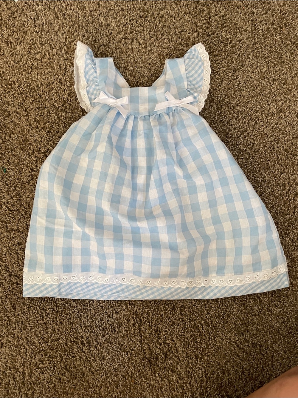 Light Blue Gingham Kids' Casual Dress with Lace Trim